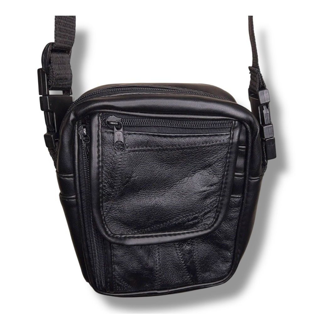 Vintage 90s Era Black Leather Crossbody Bag Unisex Nylon Strap Travel